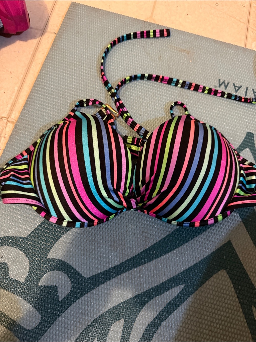 Xhilaration Black Bikini Top with Neon Pink, Blue, Green & Purple Stripes